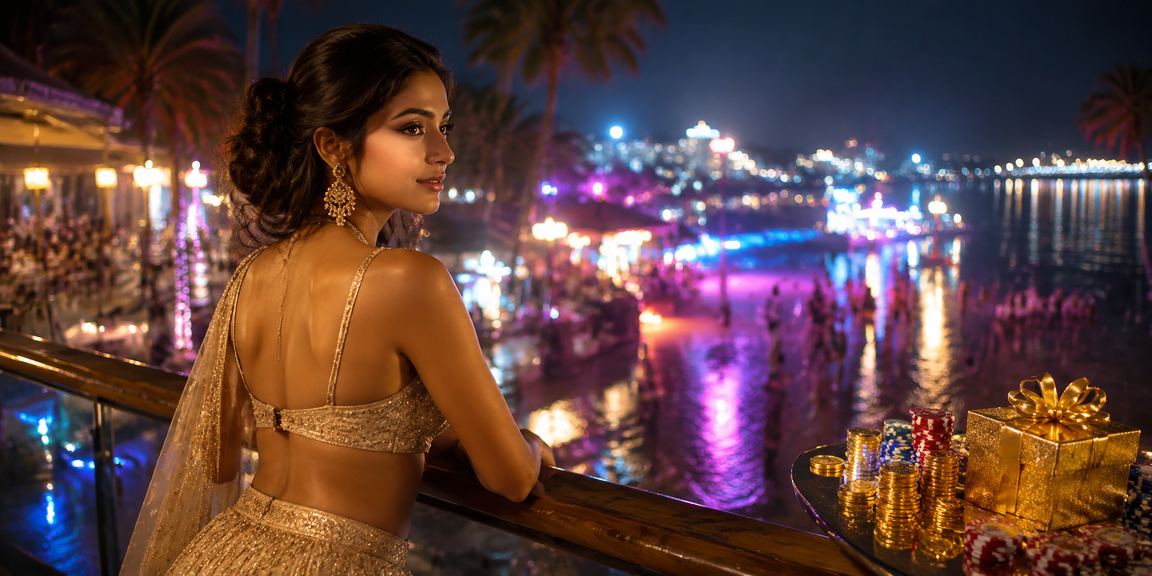 Colorful Goa beach scene with Bollywood style deposit bonus promotion