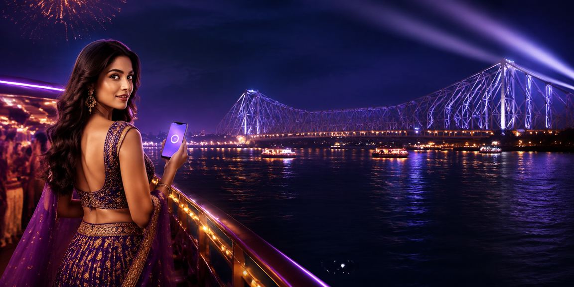 Evening view of Kolkata Howrah Bridge with cashback bonus promotions and Bollywood poster